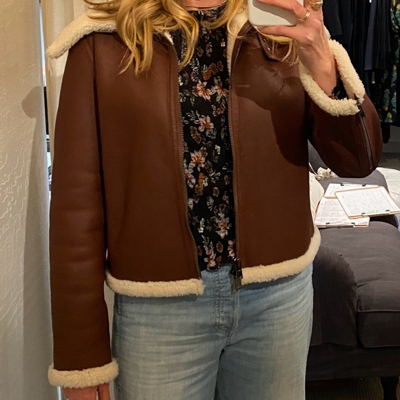 Theory Sedona Relax Shearling Moto Lamb's Leather Wide Collar Zip-Up Jacket - Picture 6 of 9